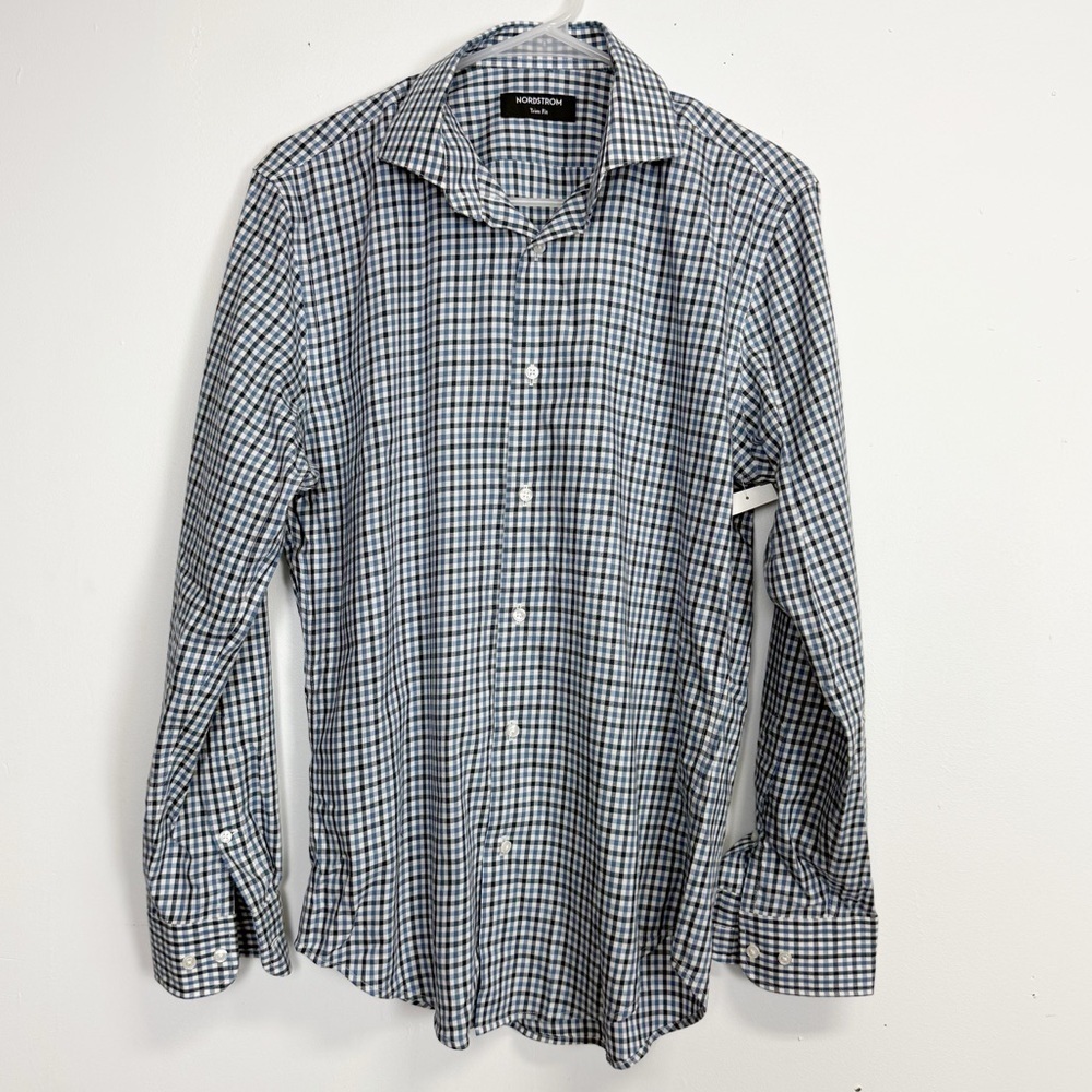 NEW Nordstrom Button Down Shirt Mens 14.5 32 33 Blue Plaid Trim Fit NWOT